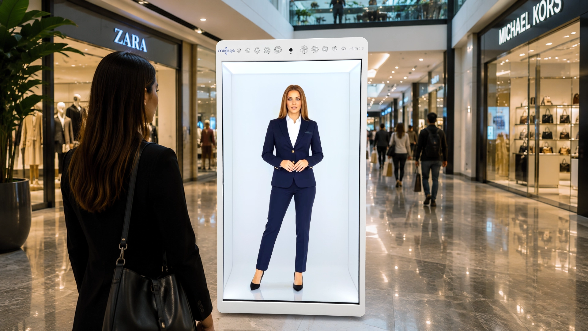 Holographic AI avatar assistant used for shopping mall advertising and wayfinding